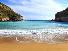 small-A view of Paleokastritsa beach on Corfu, Greece, one of the Island's most popular resorts.
