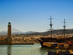 small-A panoramic image of the harbor at Rethymnon on the Greek isle of Crete